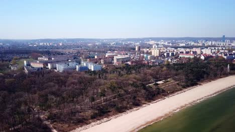 bay of gdansk aerial, city aerial panorama from the sea side