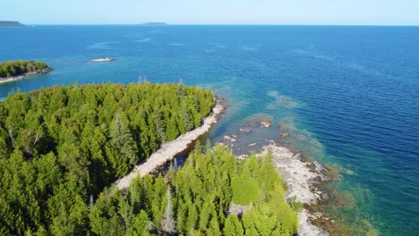 lush pine trees and blue seascape at the scenic georgian bay in ontario, canada