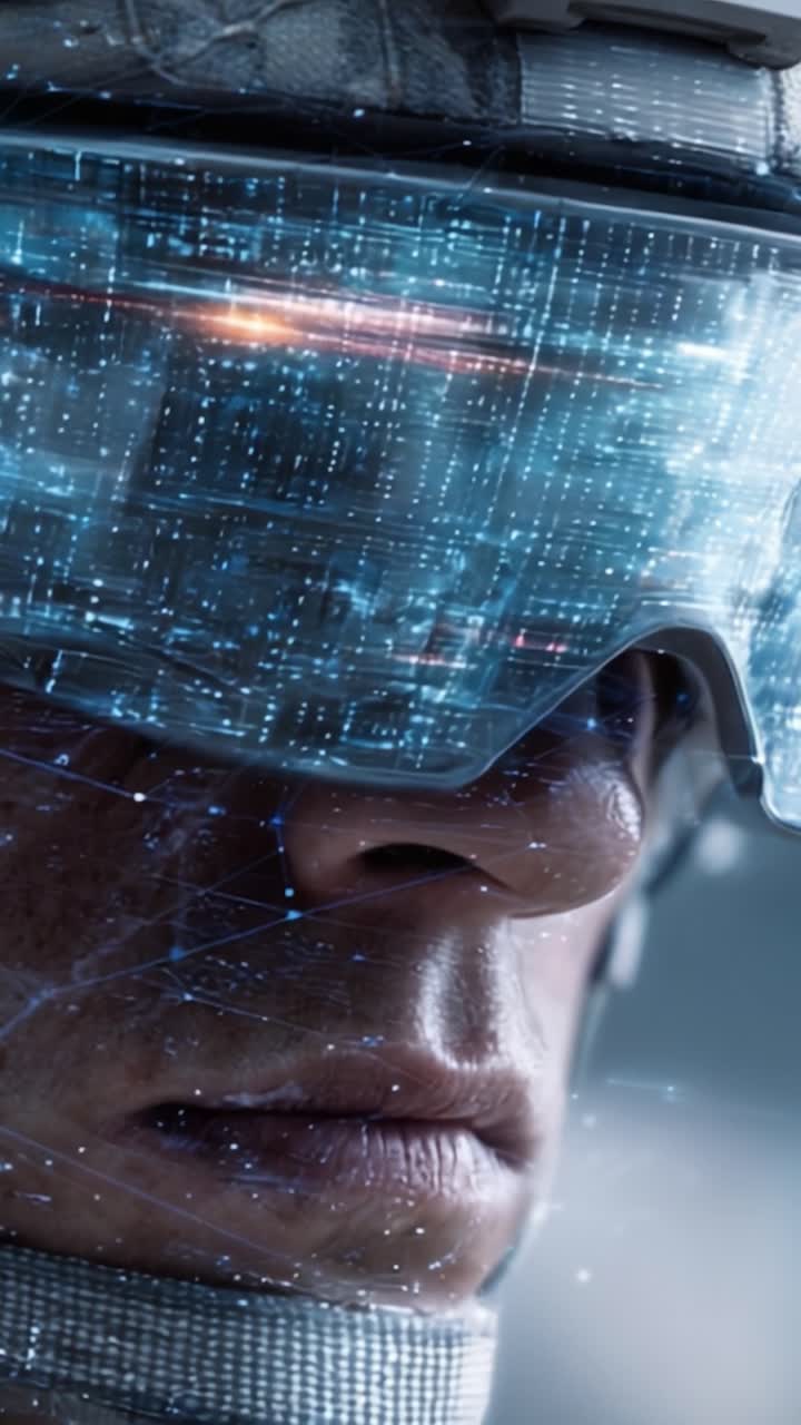 A futuristic soldier equipped with advanced technology gazes intensely through augmented reality visor, capturing the essence of modern warfare and virtual reality in action