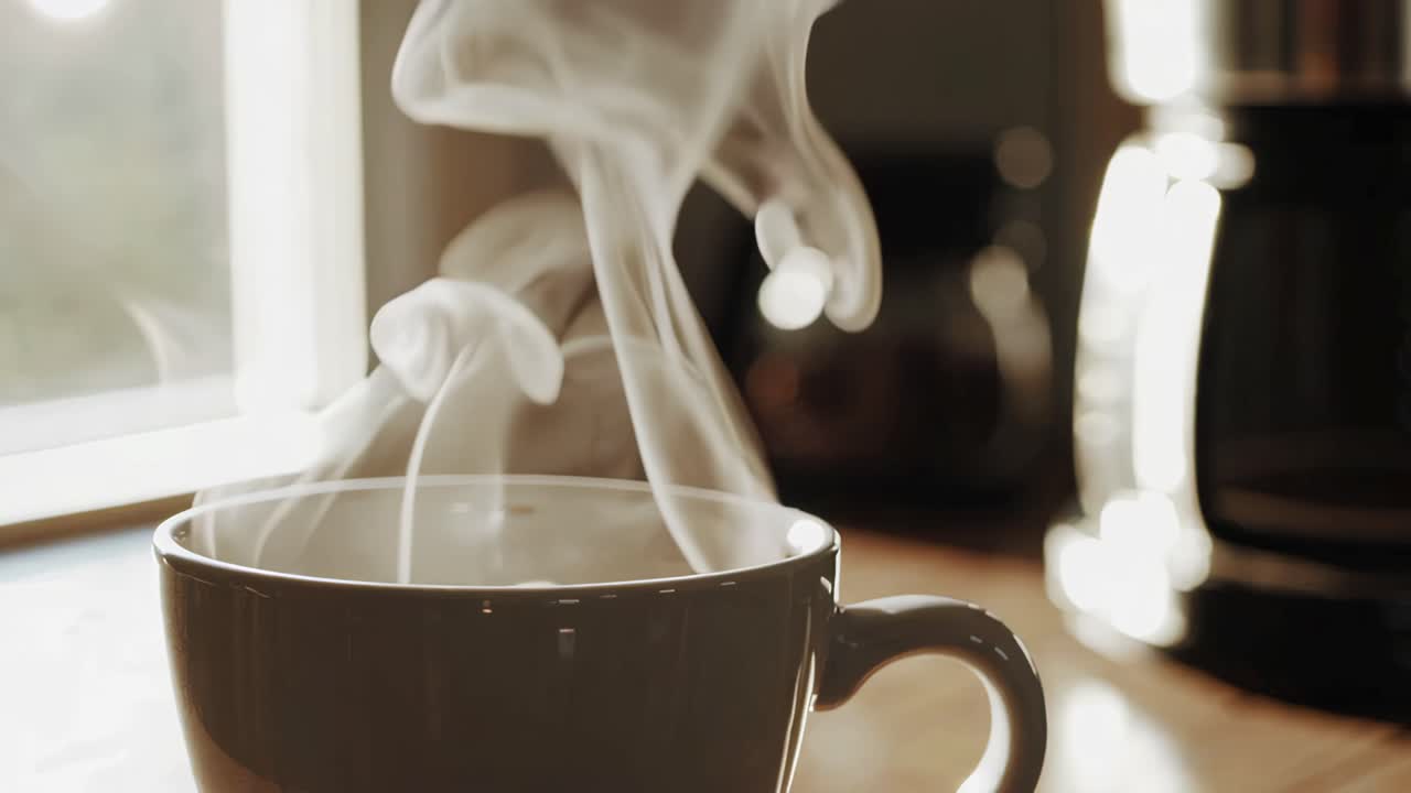 Close-up video of a steaming coffee cup on a sunlit table, captured from a side angle