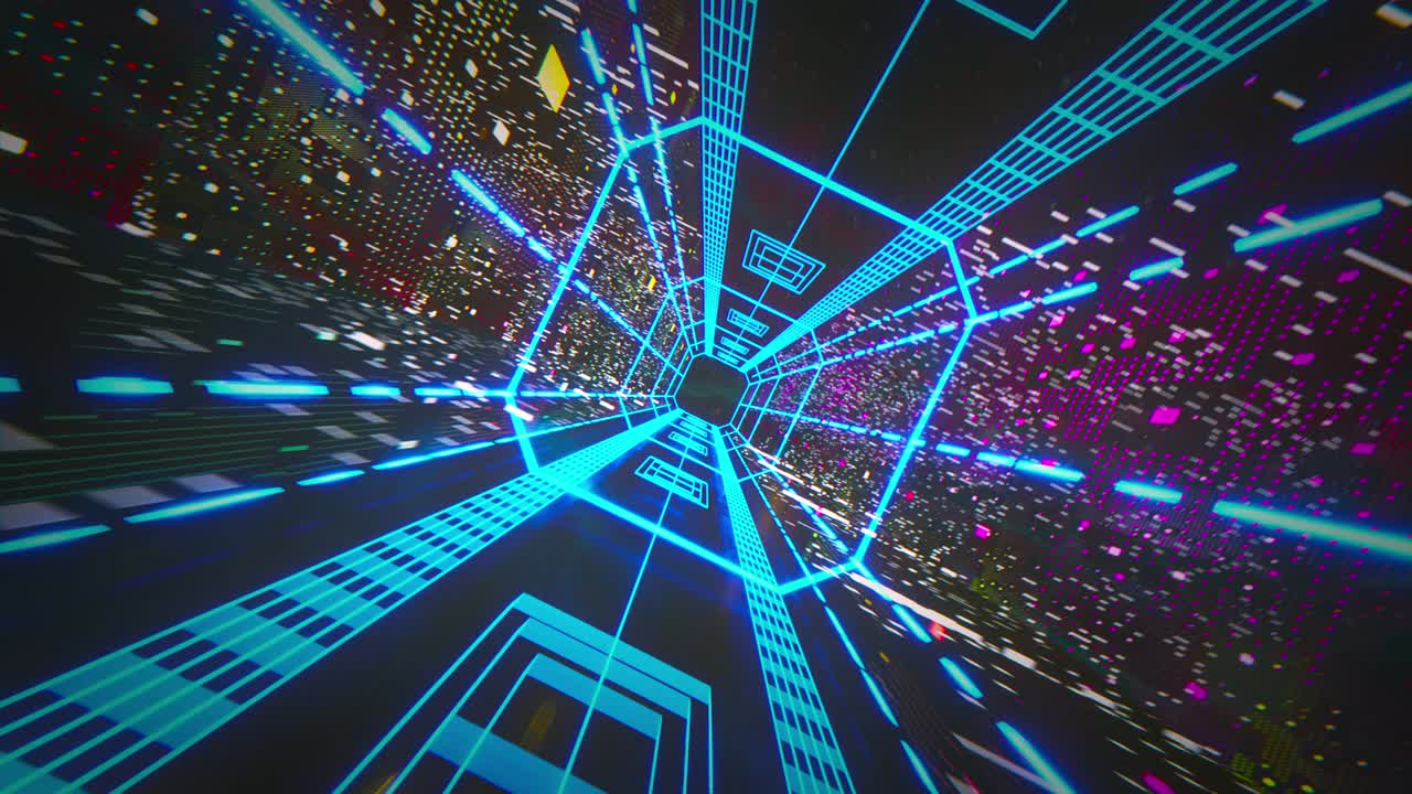 renderizado 3d, fondo geométrico abstracto, luz ultravioleta fluorescente, líneas de neón brillantes que giran dentro del túnel, espectro azul rojo rosa púrpura, formas que giran alrededor, animación en bucle video de stock