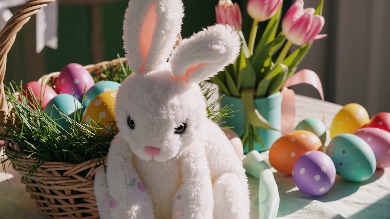 Cute Plush Easter Bunny Surrounded by Colorful Eggs and Tulips