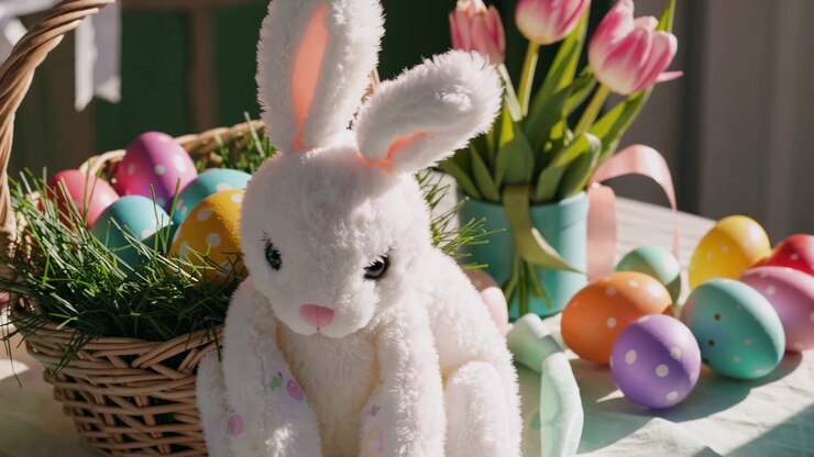 Cute Plush Easter Bunny Surrounded by Colorful Eggs and Tulips