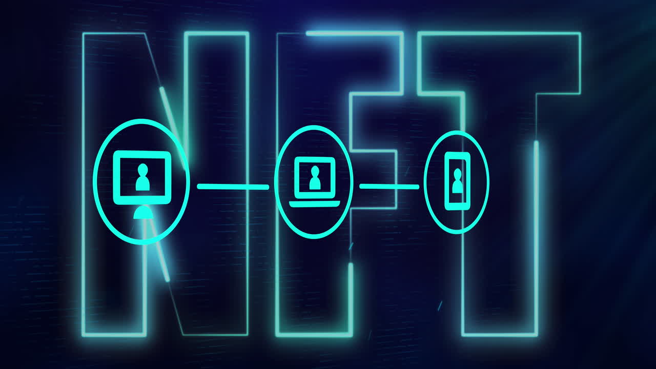 animación de texto nft sobre red de conexiones en fondo negro