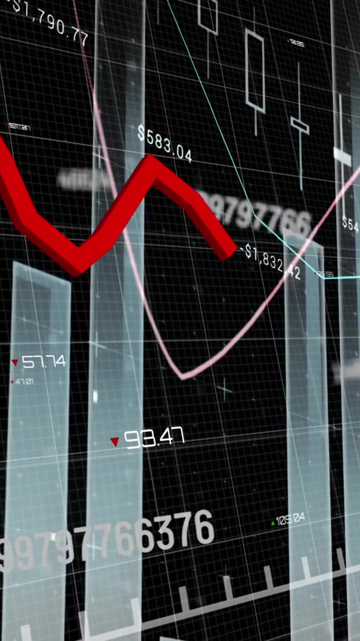 Animation of falling graph over increasing numbers and multiple graphs against black background
