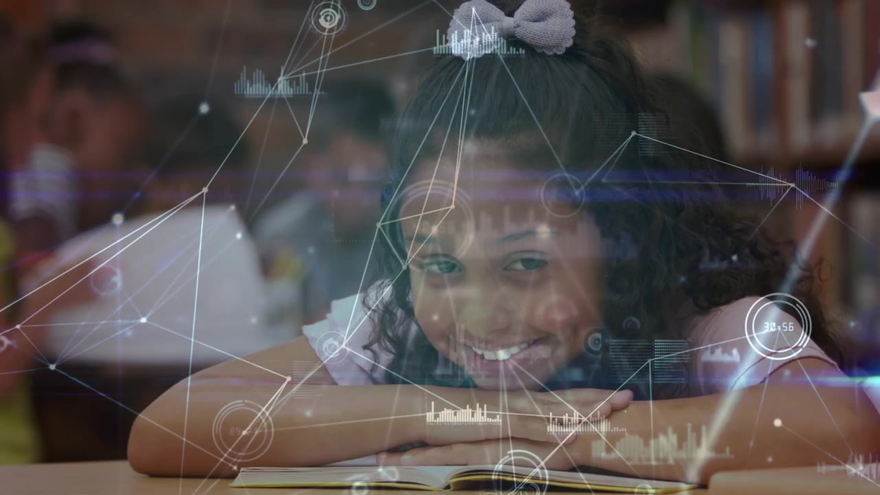 Young Girl Smiling While Reading in Library with Digital Data Overlay