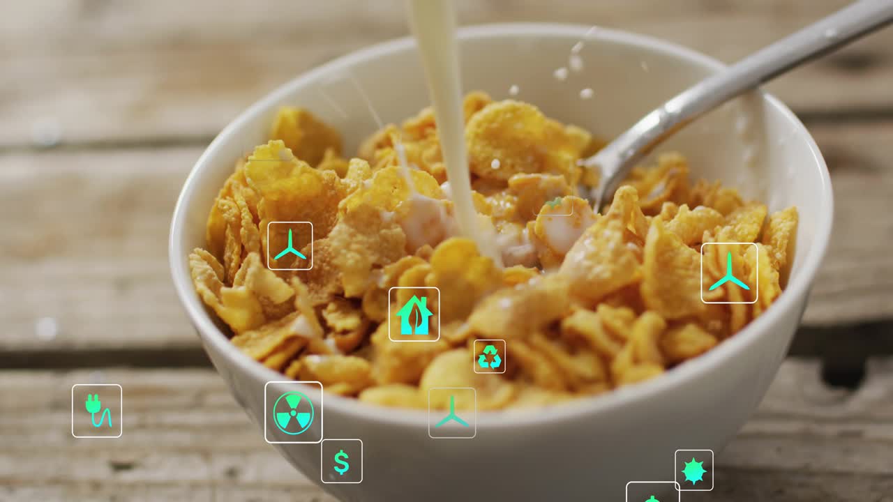 Milk pouring downward wetting cereal in white bowl with spoon, teal icons rising, showing eco data