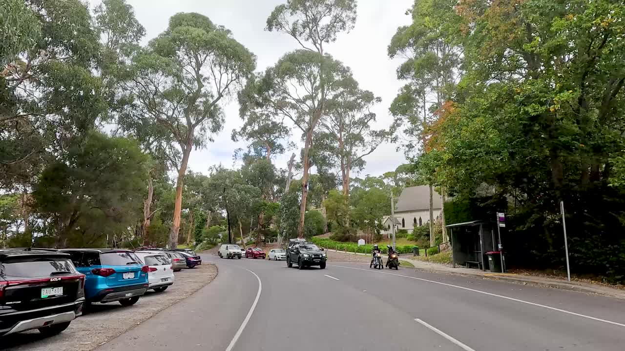 A 14-second drive through lush greenery and parked cars on Great Ocean Road, with overcast lighting and a serene atmosphere