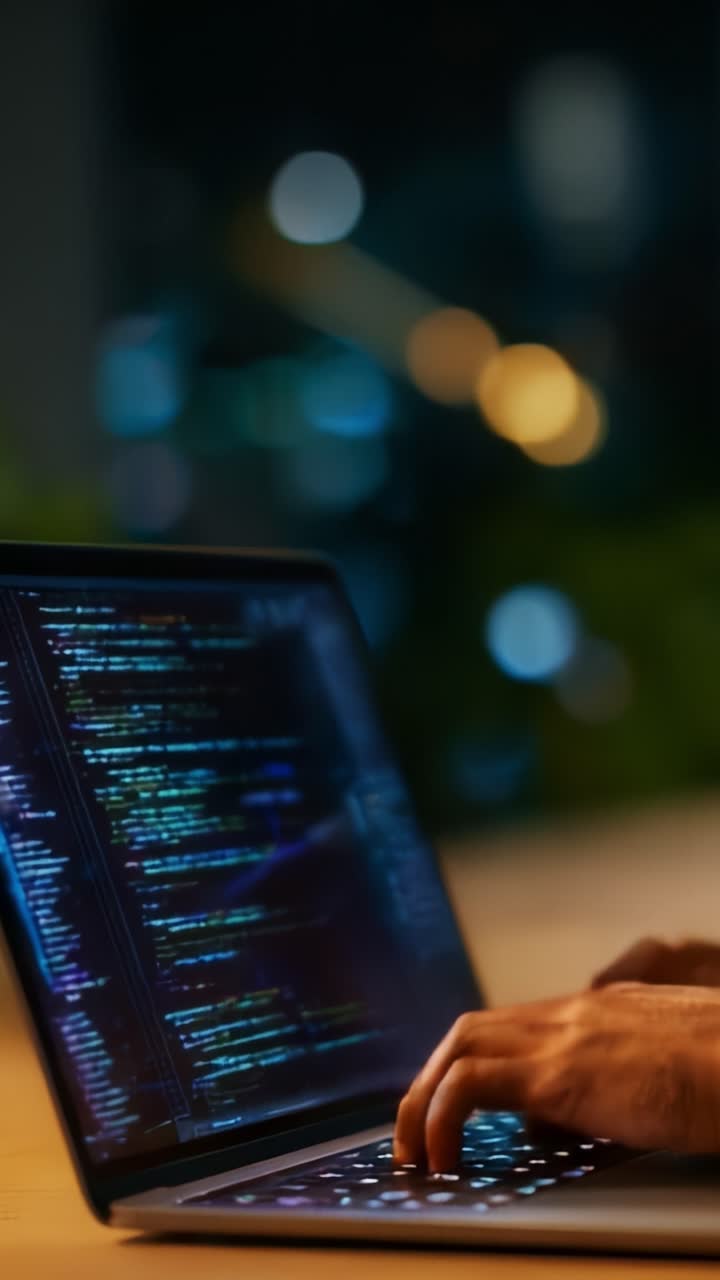 Engaged in Coding: A Close-Up of a Programmer's Hands Typing on a Laptop Displaying Colorful Lines of Code in a Dimly Lit Environment