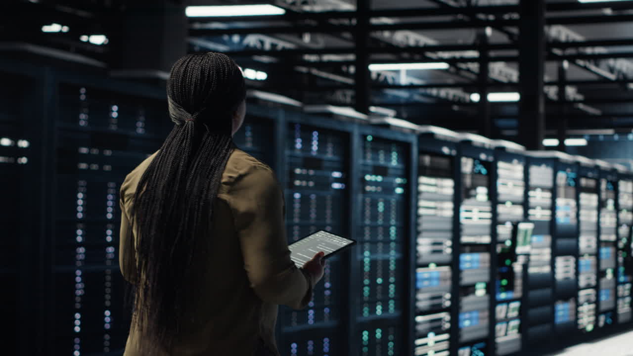 Tecnico che cammina nel data center, utilizza l'app su tablet per assicurarsi che i rig siano senza errori