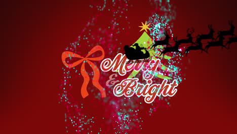 Animation-of-golden-stars-over-merry-and-bright-text-banner-and-digital-waves-against-red-background