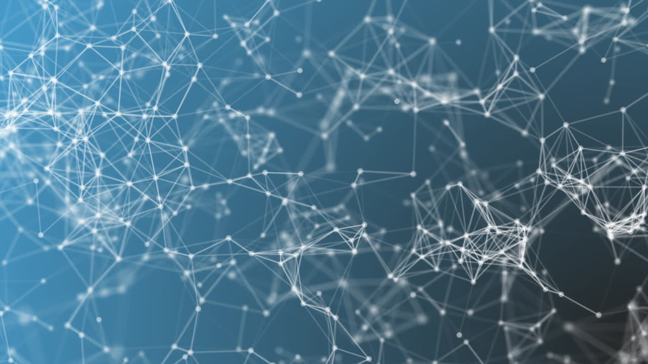 formas abstractas en movimiento compuestas de bolas y líneas rectas que se mueven en el espacio con movimiento aleatorio de formas hacia los lados sobre un fondo azul