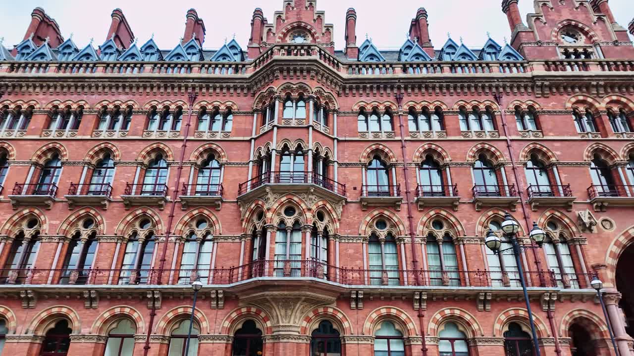 St Pancras railway station exterior facade, London. Panning