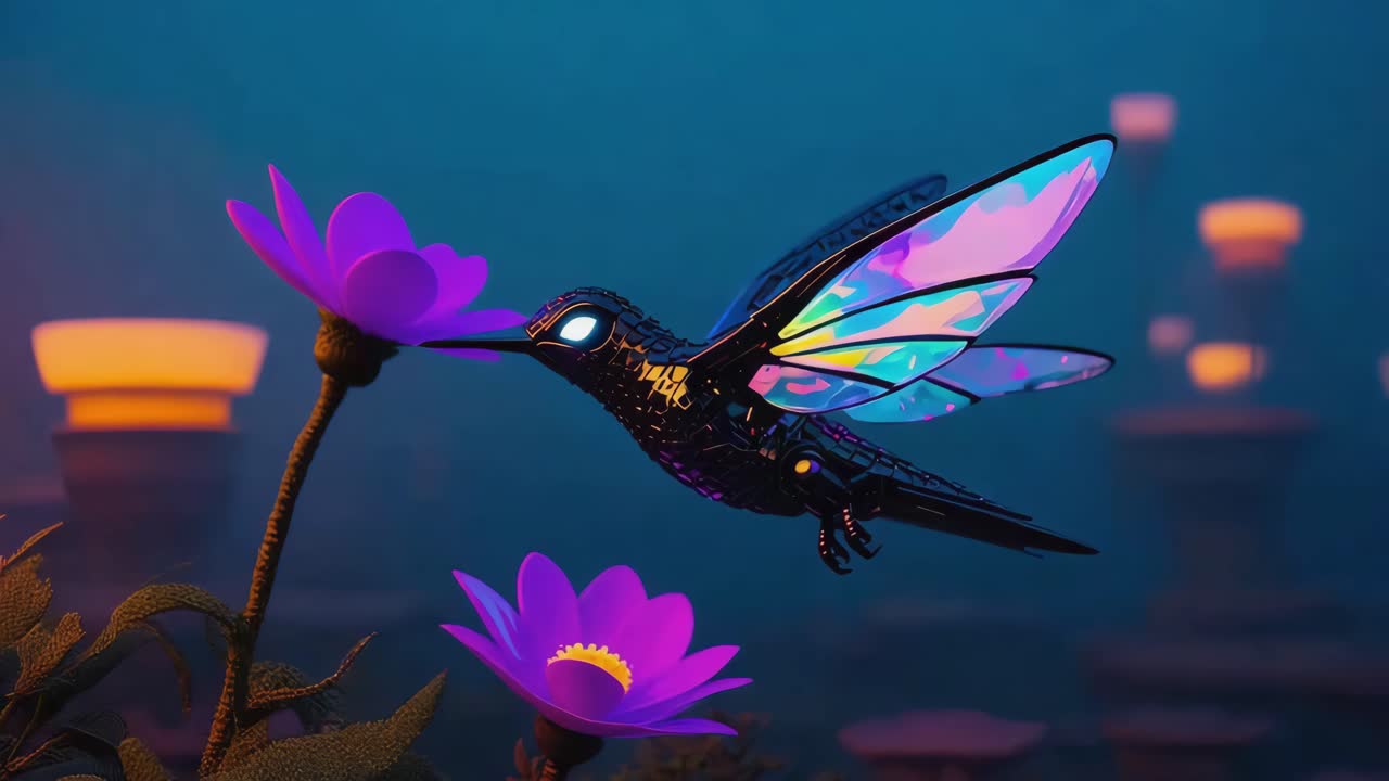Robotic Hummingbird with Glowing Wings Approaching a Purple Flower