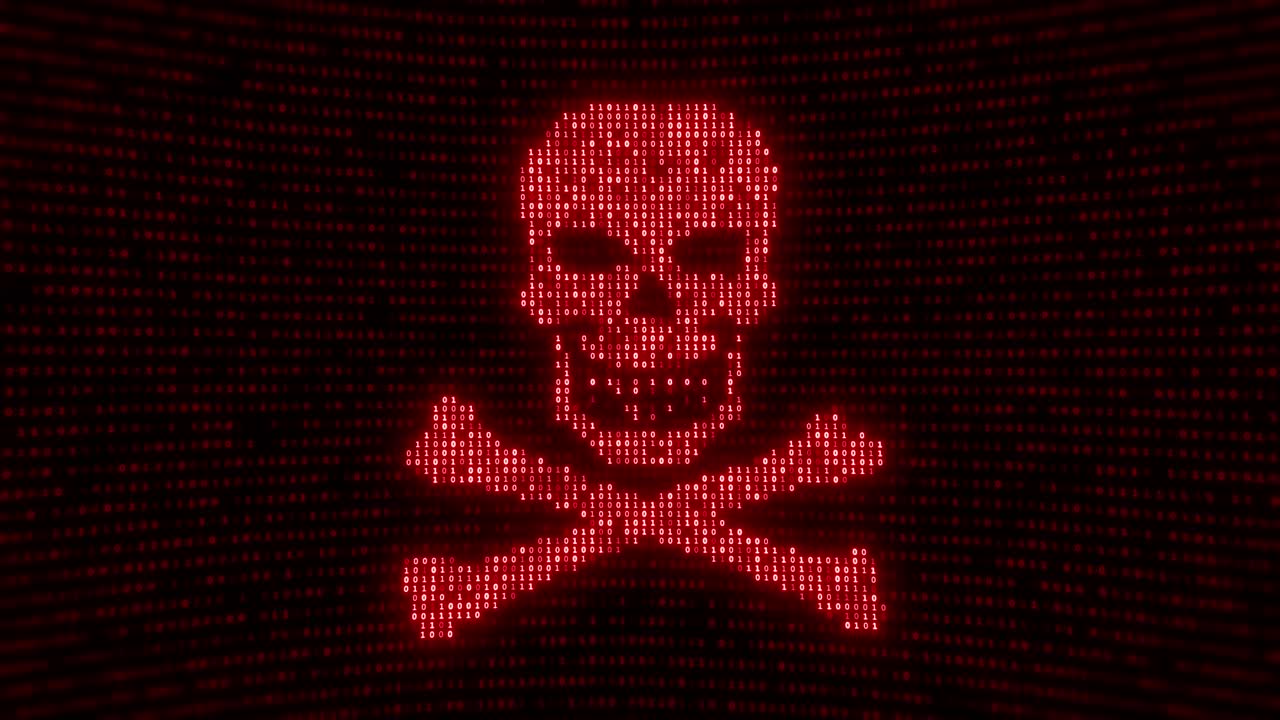forma de cráneo con ruido y fallos. piratería en internet y animación de bucle de seguridad en línea