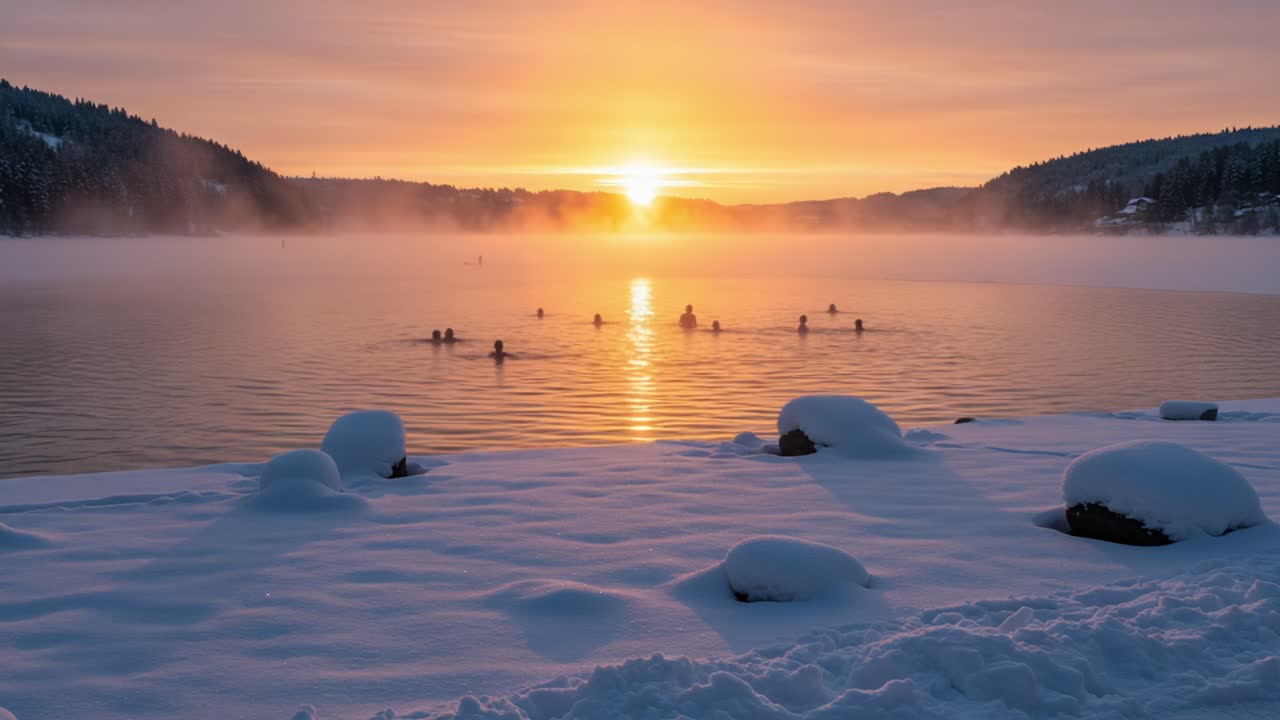 A Beautiful Winter Sunrise Over a Misty Lake with Swimmers Enjoying the Cold Water Amidst a Snow-Covered Landscape