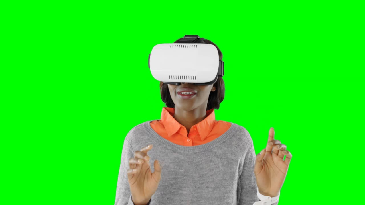 Woman gesturing while using virtual reality headset 4k