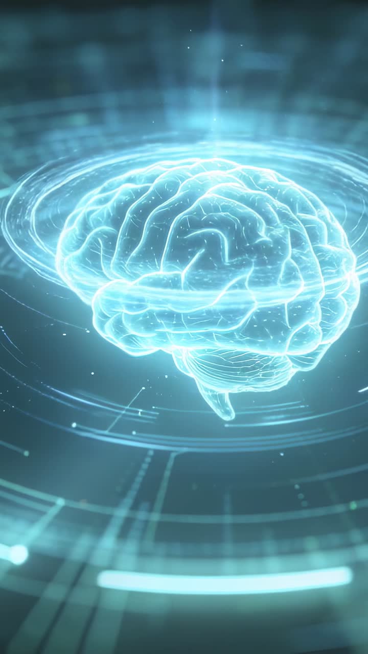 Vertical video: Starting cyan hologram brain pulsing, rotating in VR space with rings for scan