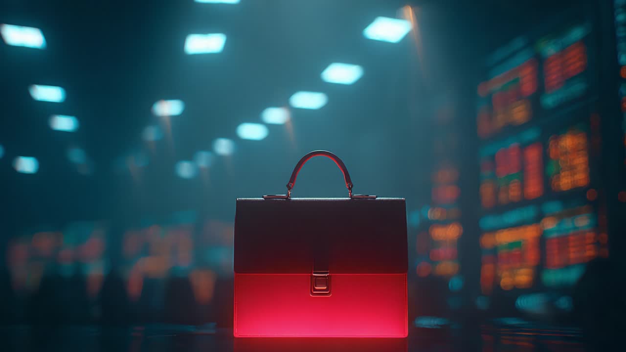 Mysterious red briefcase sitting in a dark, futuristic room filled with servers and data screens, hinting at corporate espionage, secret deals, or valuable digital information inside