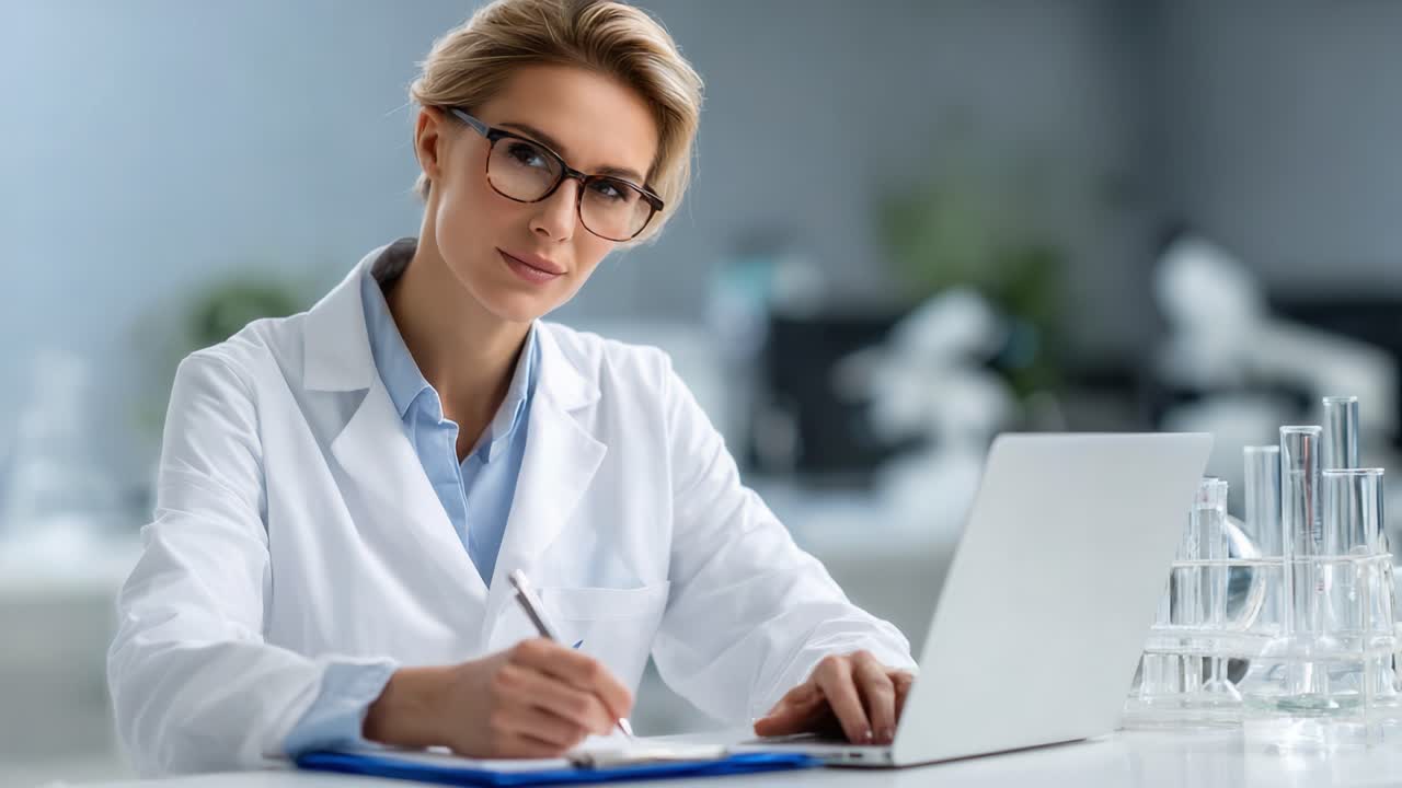 Scienziato concentrato in un laboratorio, che completa diligentemente la documentazione di ricerca mentre utilizza la tecnologia moderna per l'analisi dei dati e la tenuta dei registri