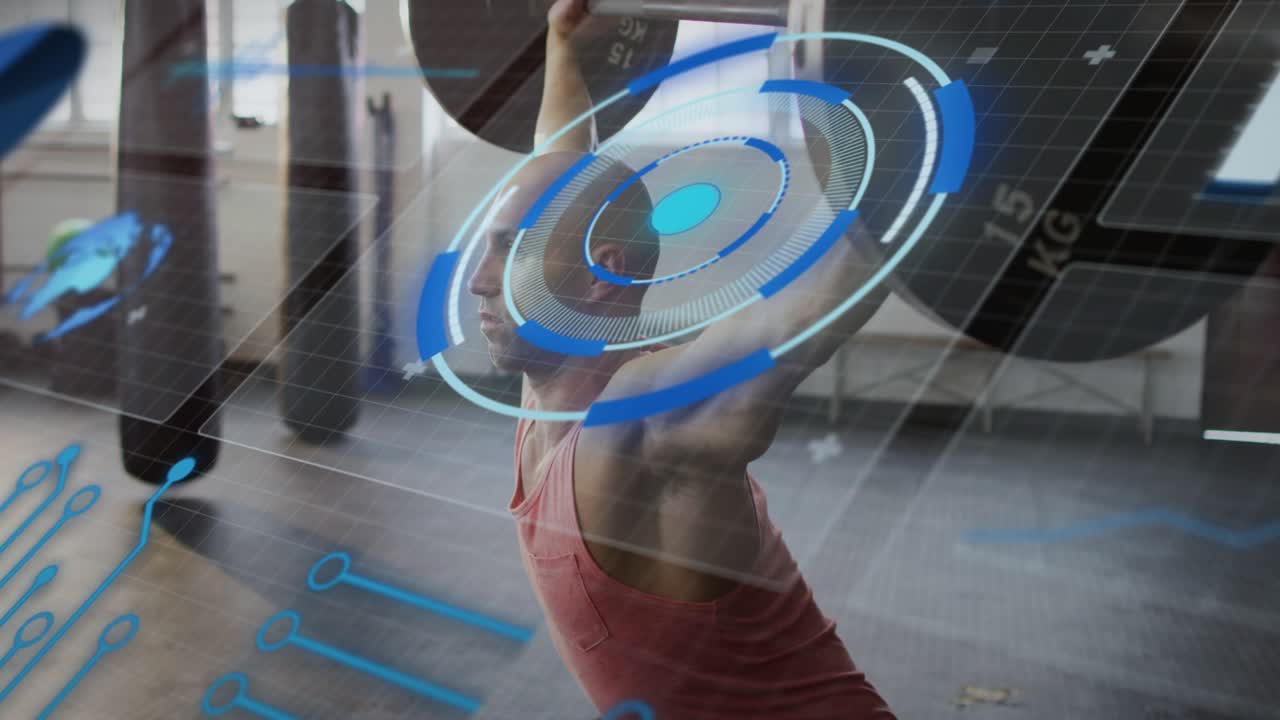 Man bracing and lifting overhead barbell in gym, HUD rings tracking torso and plates for fitness