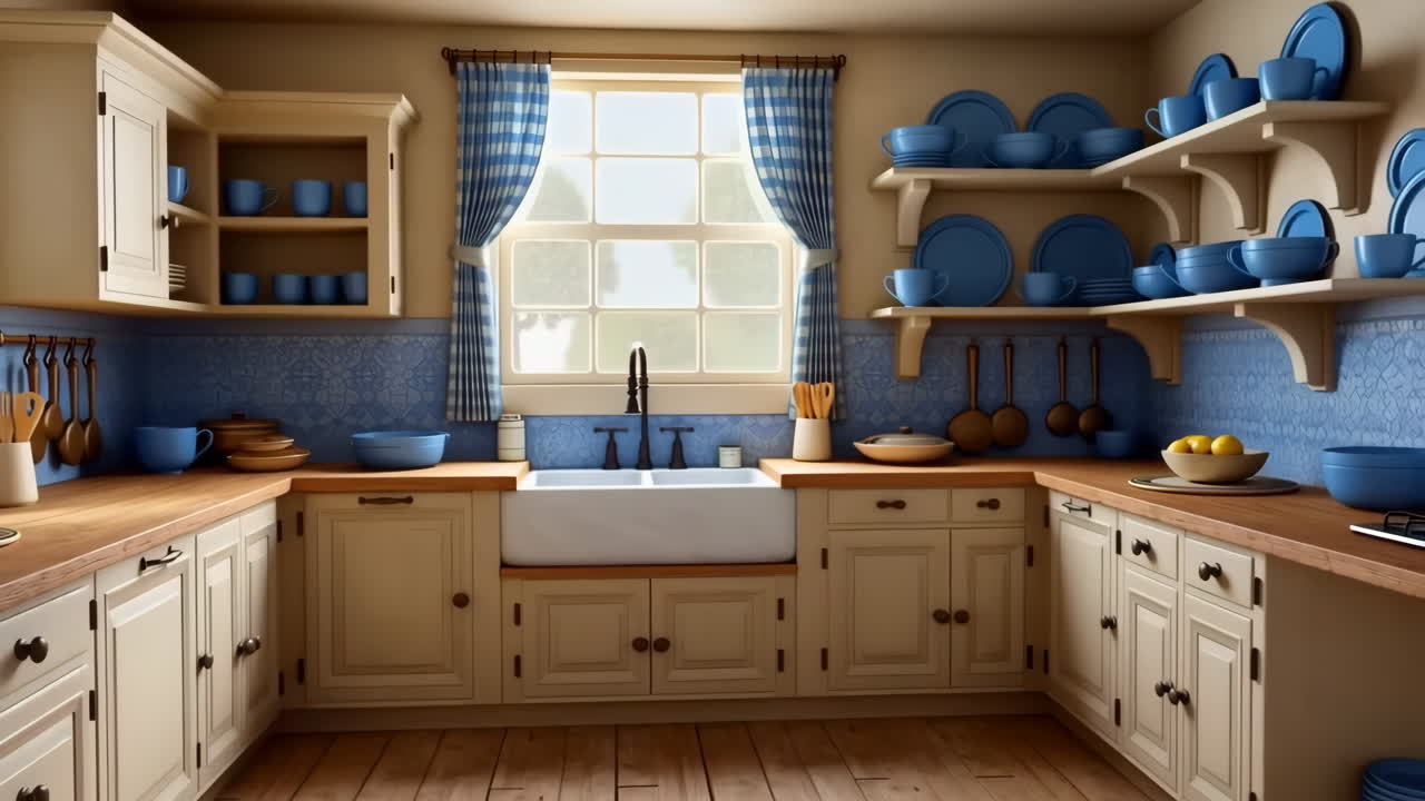 Interno di cucina rustica accogliente con accenti blu