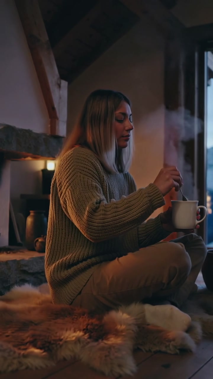 Vertical video: Stirring white mug with spoon, woman in sweater warming hands at dusk on fur rug