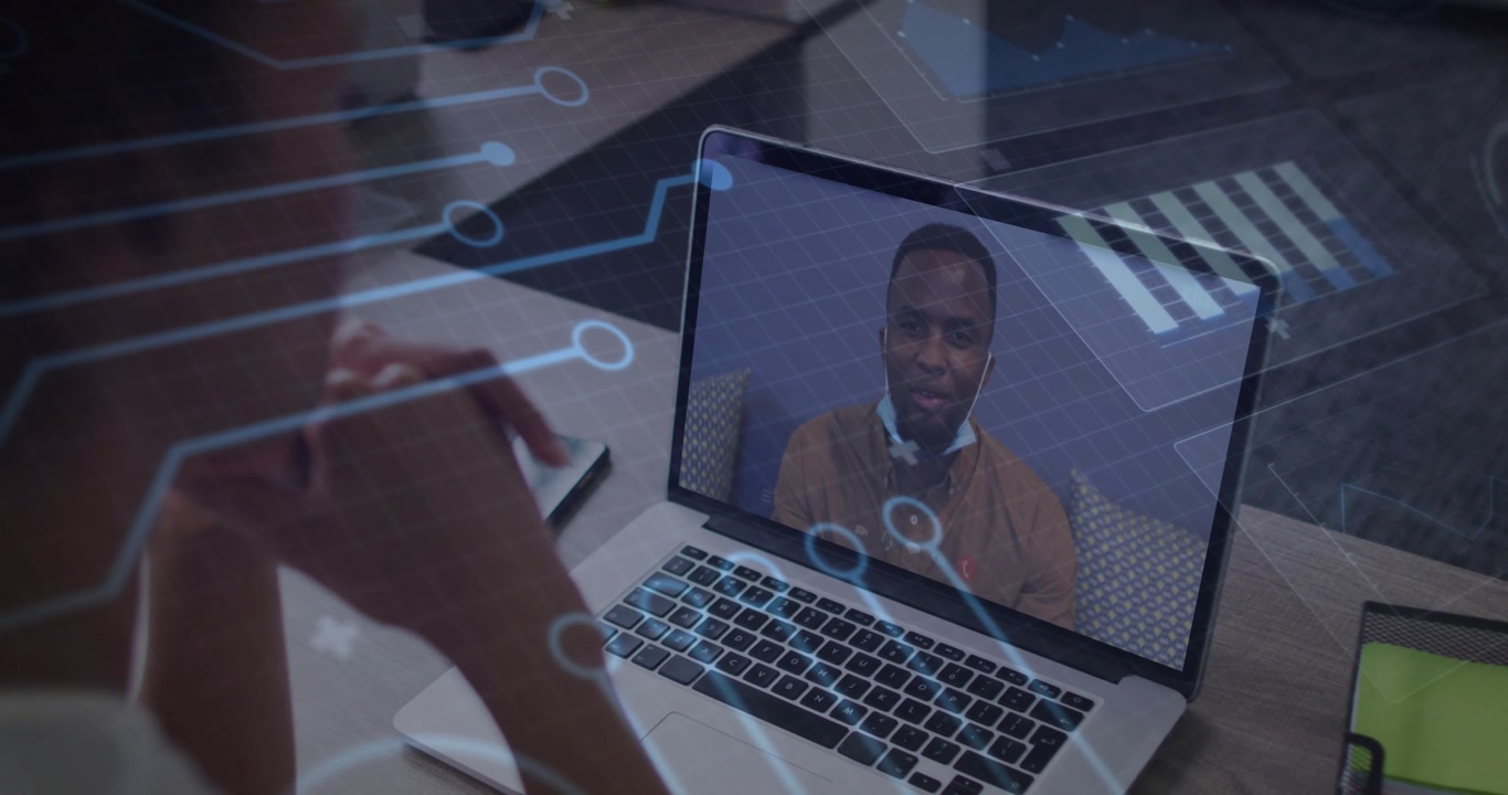 Laptop call starting, speaker explaining, colleague listening, circuit overlay rising for business