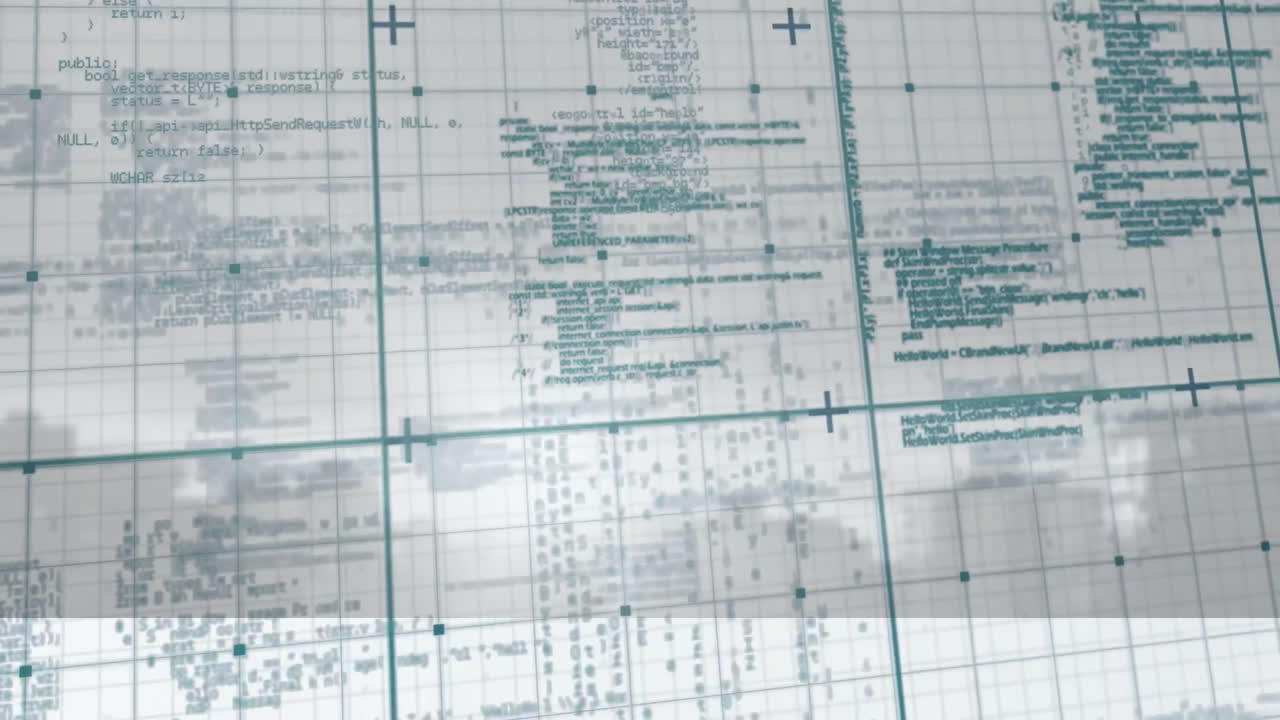 Displaying technical data and code with blue markings in animation grid