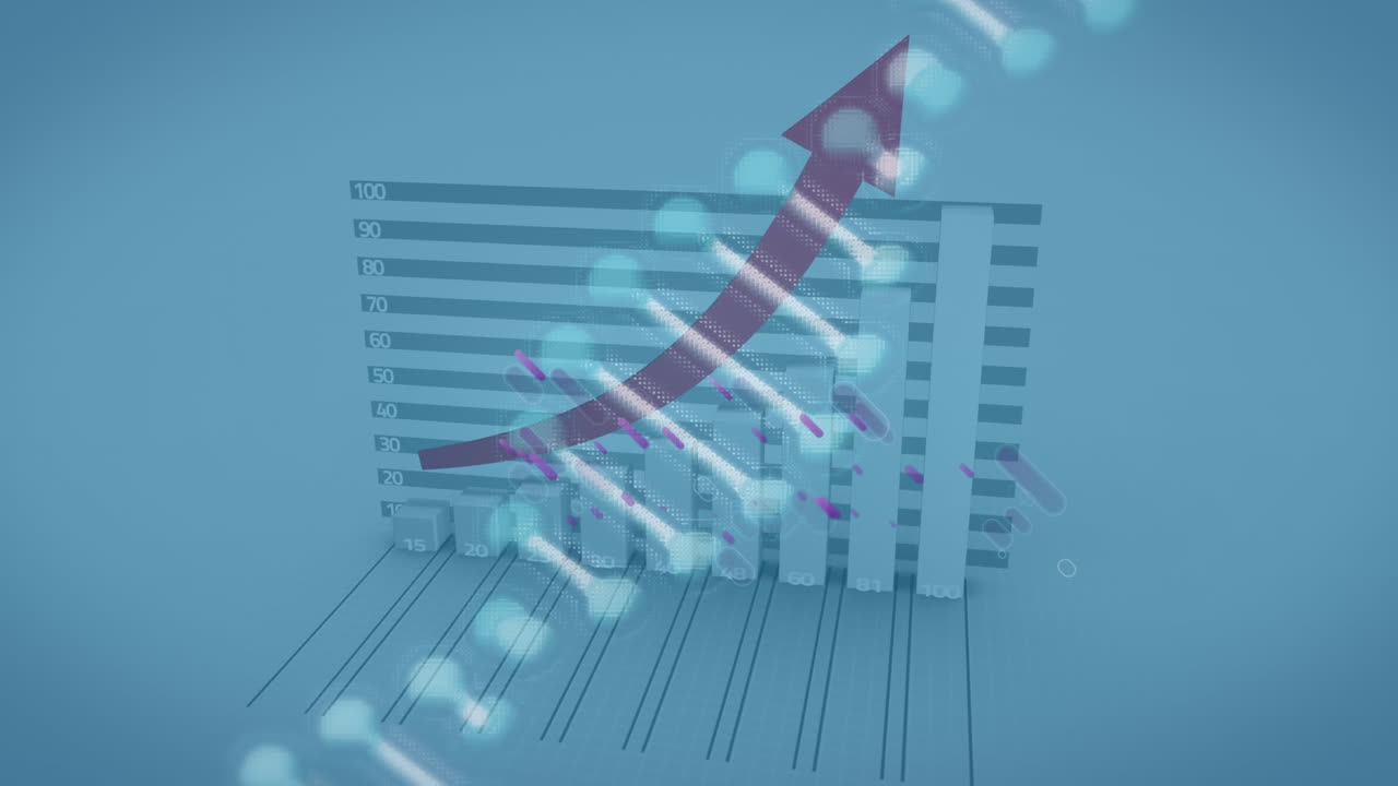 animación de la cadena de adn sobre el gráfico con flecha y líneas púrpuras