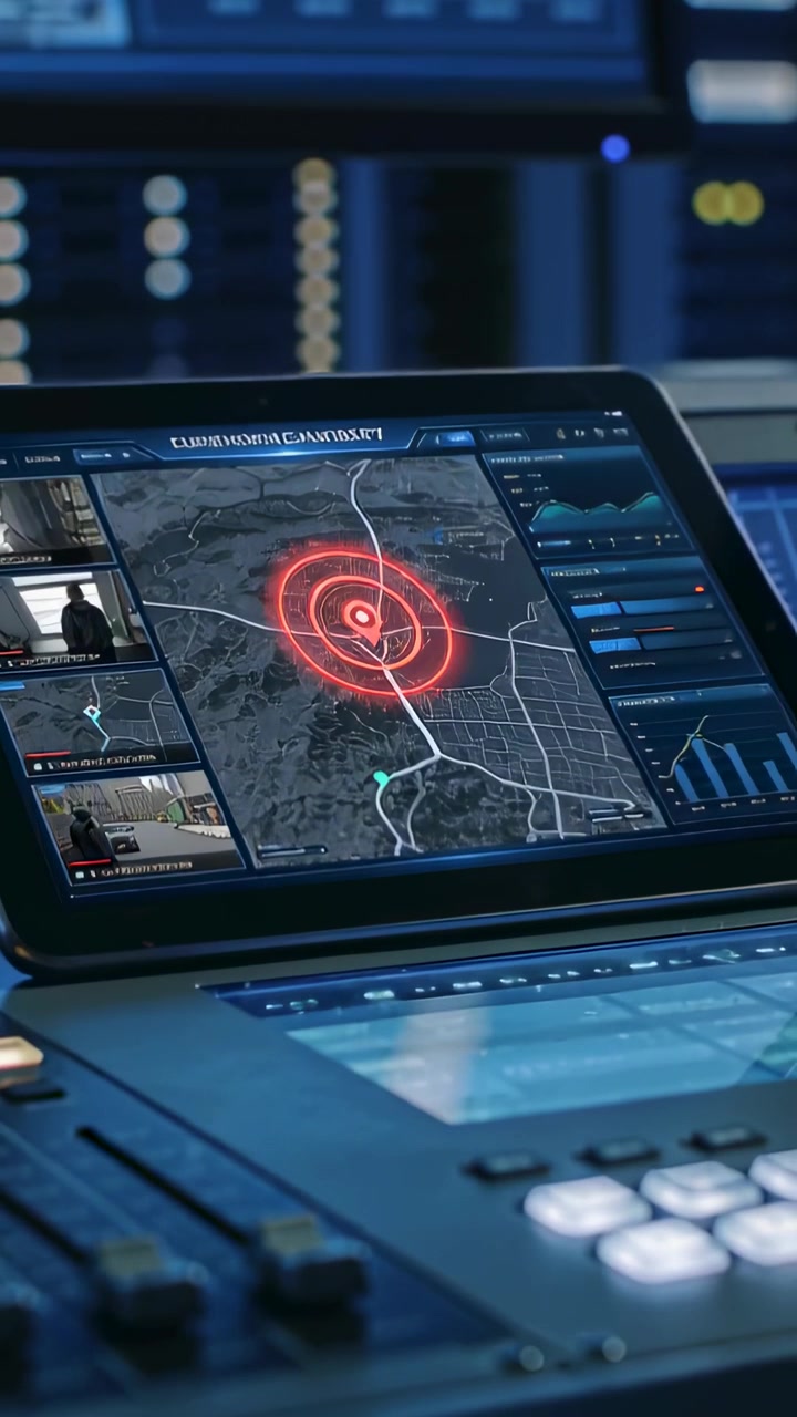 Vertical video: Pulsing tablet showing red alert marker, causing map zoom at control room