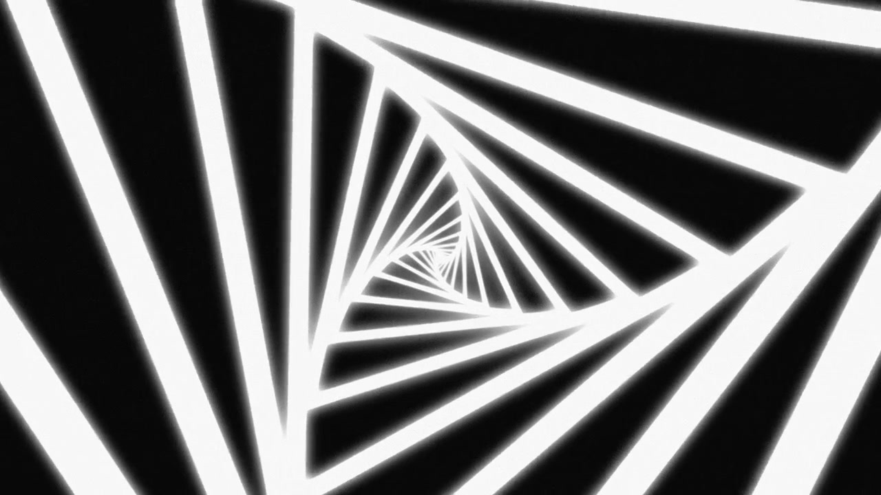 Abstrakt tunnel af roterende glødende hvide trekanter.