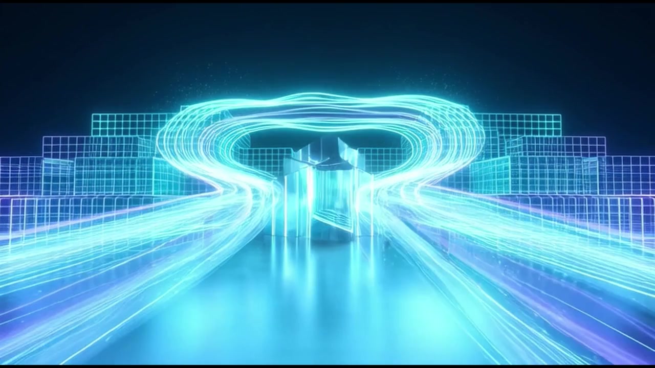 Abstract Digital Cityscape with Glowing Neon Light Trails