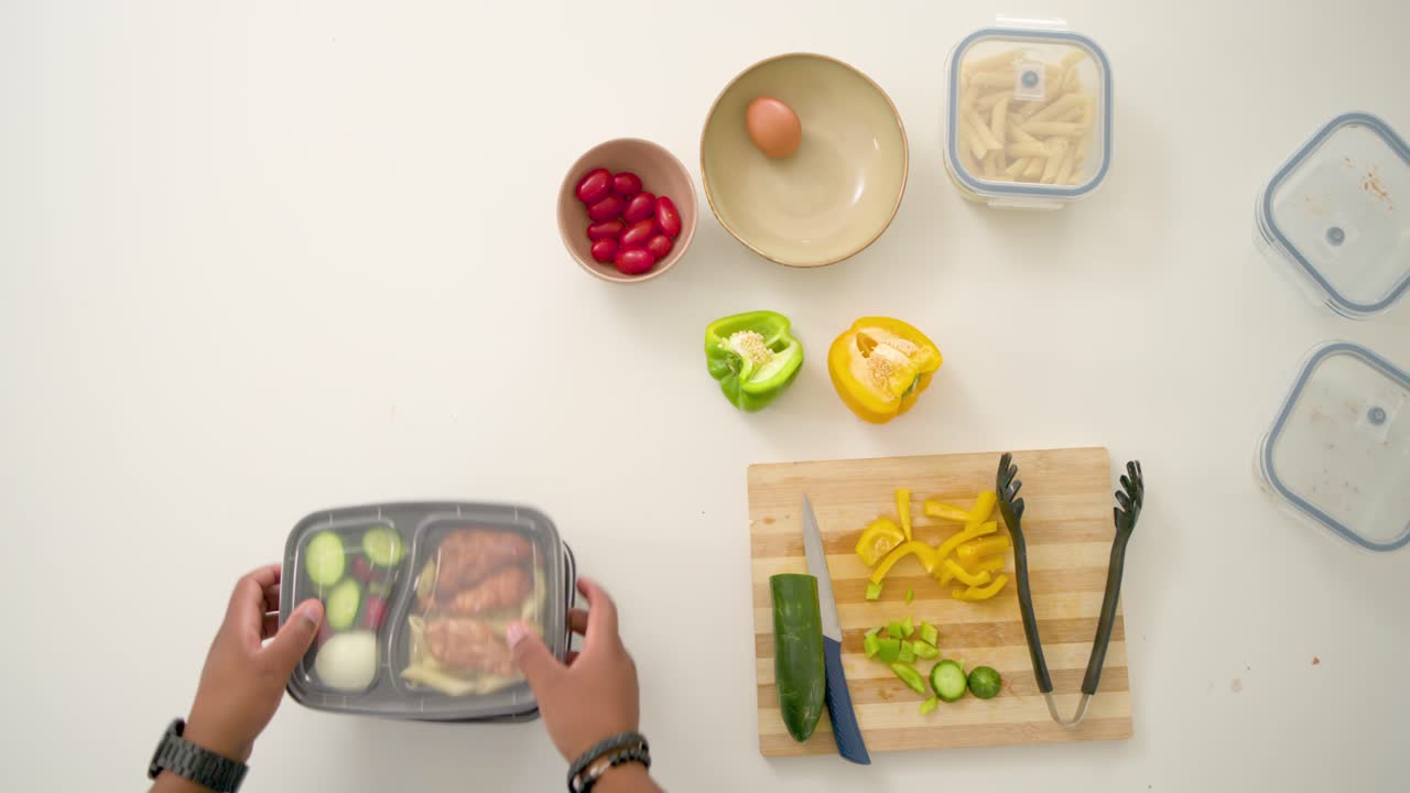 Cuoco/a casalingo/a che si protende nell'inquadratura posizionando coperchi trasparenti e impilando contenitori per pasti durante la preparazione del cibo.