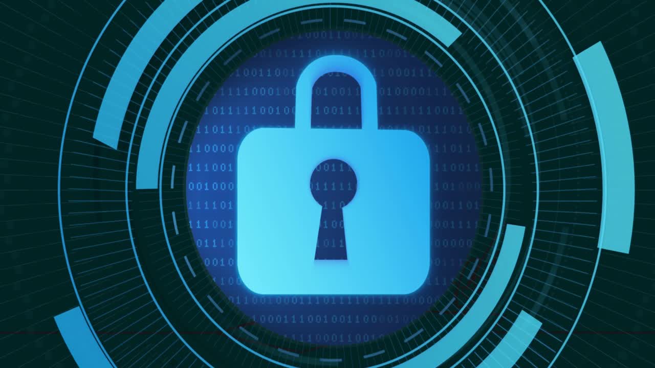 animación de un candado en círculos móviles con códigos binarios