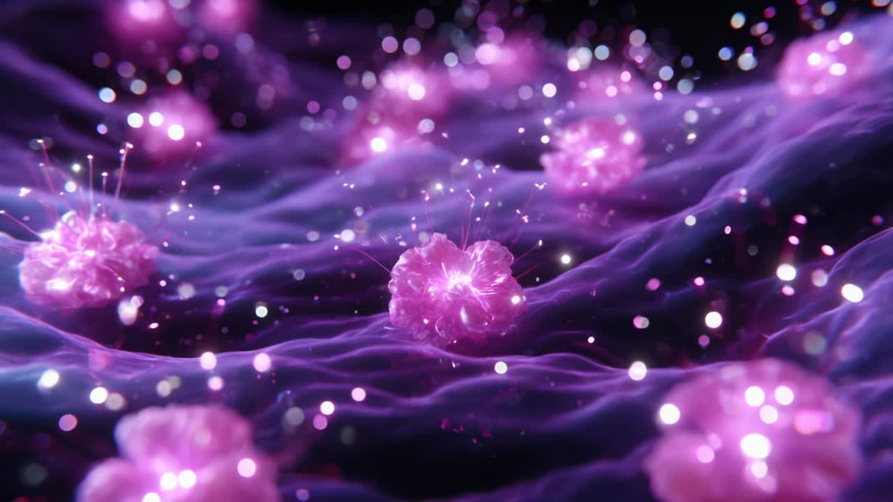A mesmerizing visualization of vibrant pink microorganisms embedded within a flowing, ethereal landscape, showcasing their delicate forms and sparkling movements against a dark, cosmic backdrop