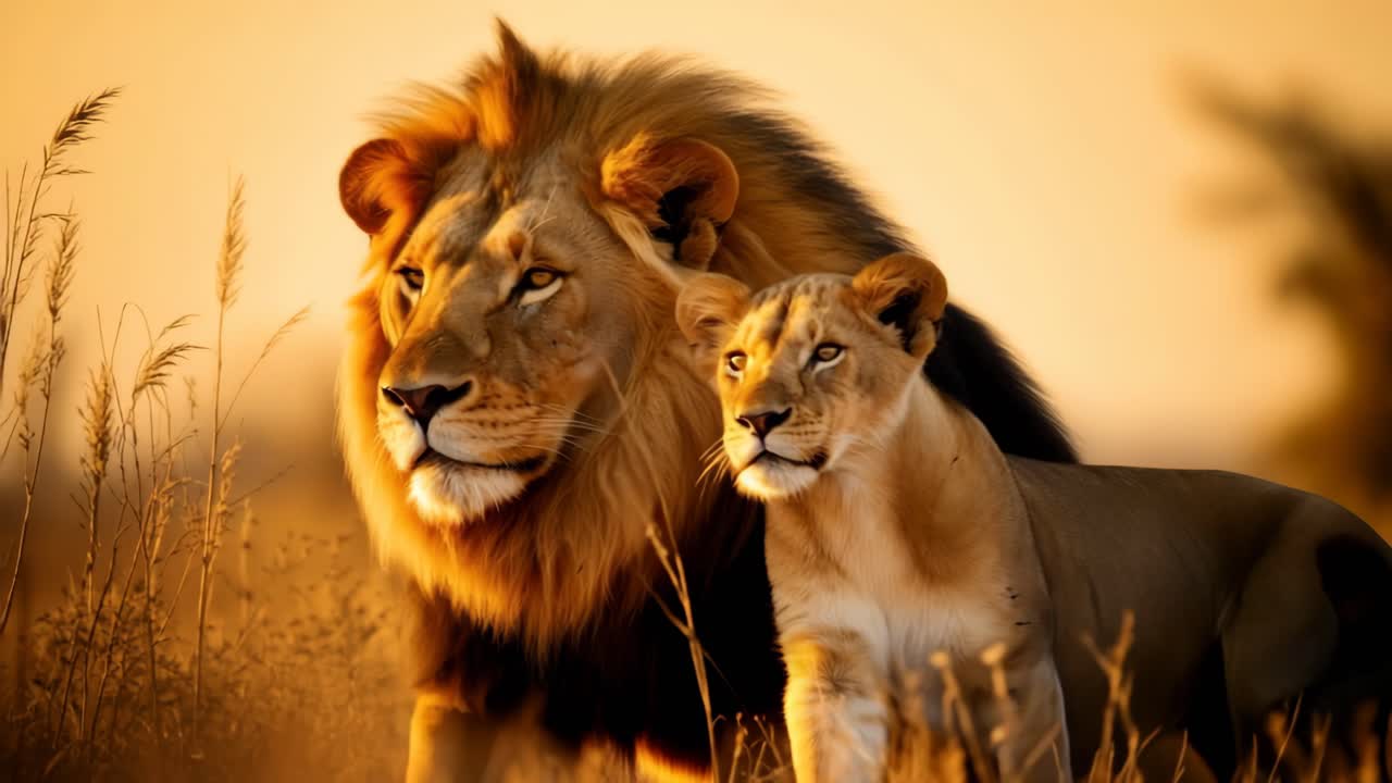 Maestoso leone e cucciolo in un tramonto dorato, ripresi dal basso