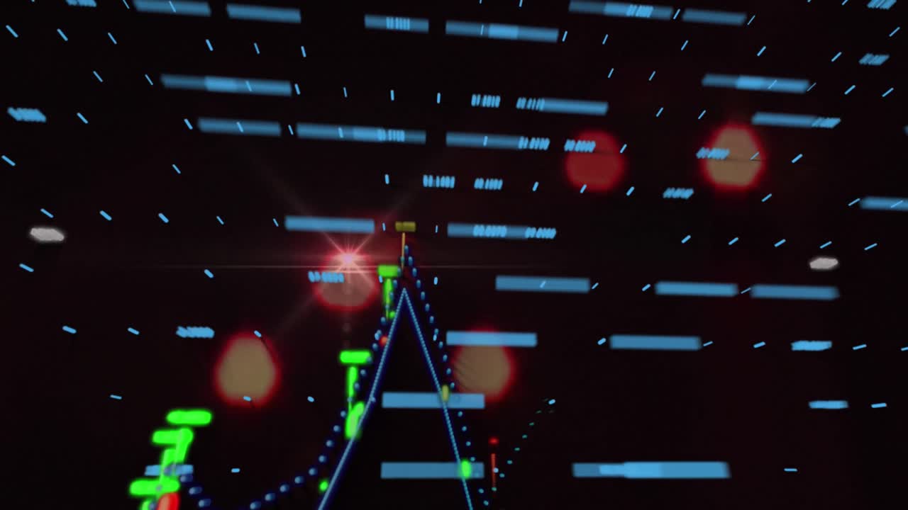 검은 바탕에 있는 밝은 점 위에 있는 금융 데이터 처리의 애니메이션