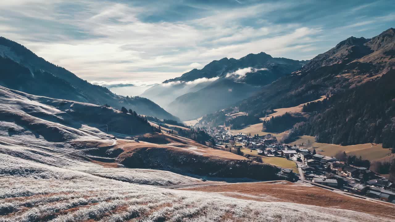 Scenic Alpine Village in a Winter Valley with Frosted Hills