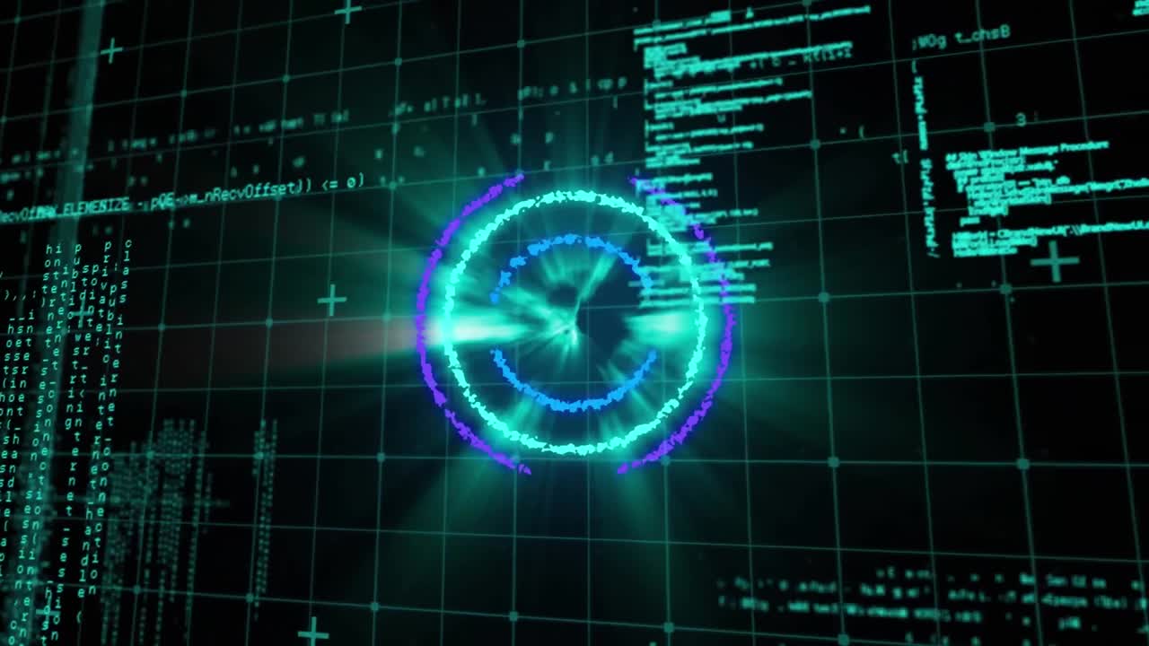 Animation of scope scanning over data processing on black background