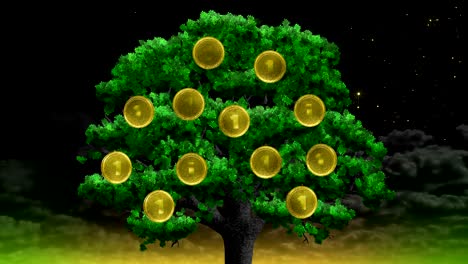a tree with coins. green deciduous with hanging money.