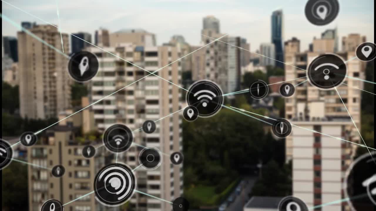 animación de la red de conexiones sobre el paisaje urbano