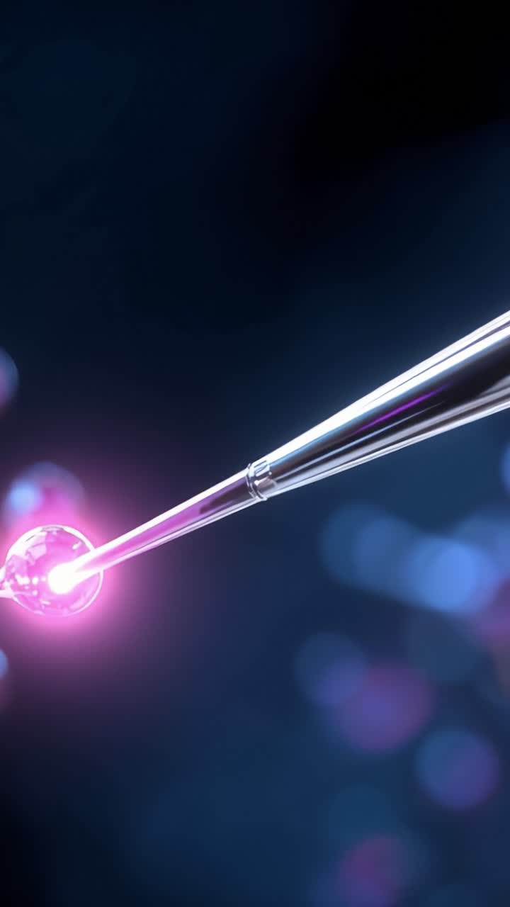 Close-Up of a Microscopic Experiment Showing a Pipette Interacting with Vibrant Pink Droplets Under a Dark Background in a Scientific Setting
