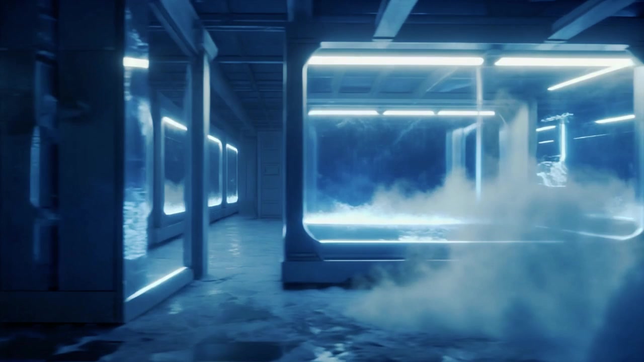 Corridoio di laboratorio futuristico con camere di contenimento in vetro luminose e nebbia
