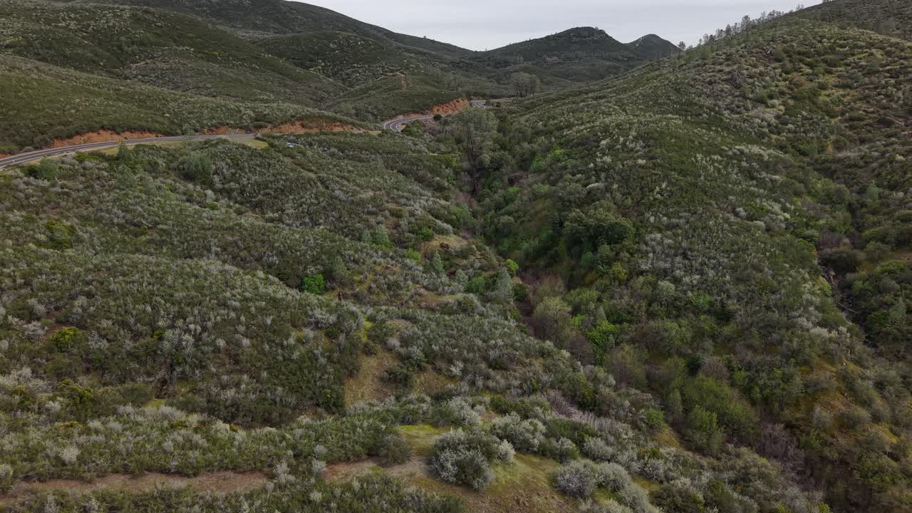 Aerial drone footage showcases the rolling hills and winding roads of the Golden Chain Highway in Moccasin and Coulterville, surrounded by rugged terrain, golden grasslands, and scattered oak trees.