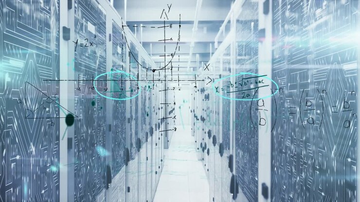 Mathematical equations against empty server room