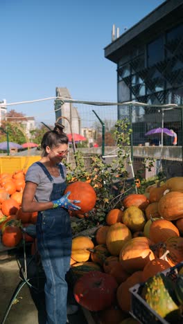 woman picking pumpkins at an outdoor market