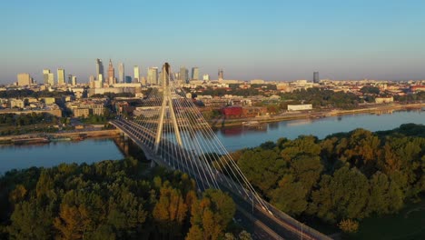 warsaw, poland, establishing aerial shot during golden hour