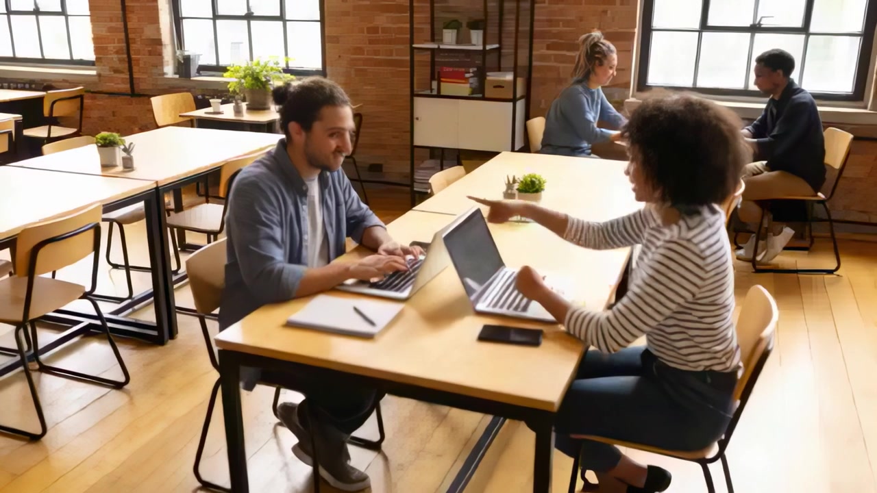 Starting woman speaking and gesturing while man typing on laptop at workroom, teaming in casualwear