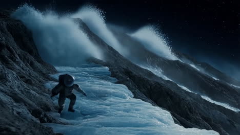 astronaut's surreal journey on a frozen alien planet
